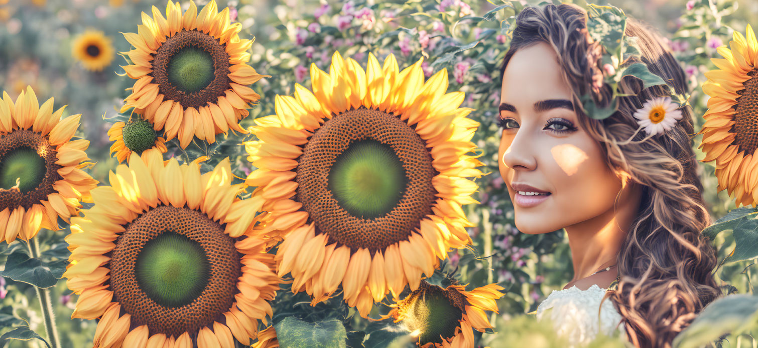 Smiling woman with flowers in hair surrounded by sunflowers on sunny day