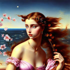 Fantasy art portrait of woman with flowing hair and gold jewelry, holding scepter, with pink flowers