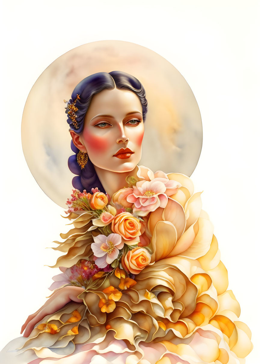 Illustrated portrait of woman in floral dress with halo-like background in warm tones