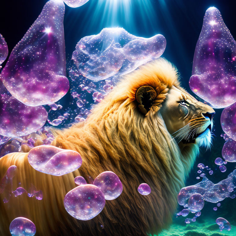 Lion underwater with colorful bubbles surrounding