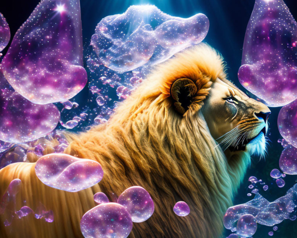 Majestic lion with jellyfish and cosmic elements on celestial backdrop
