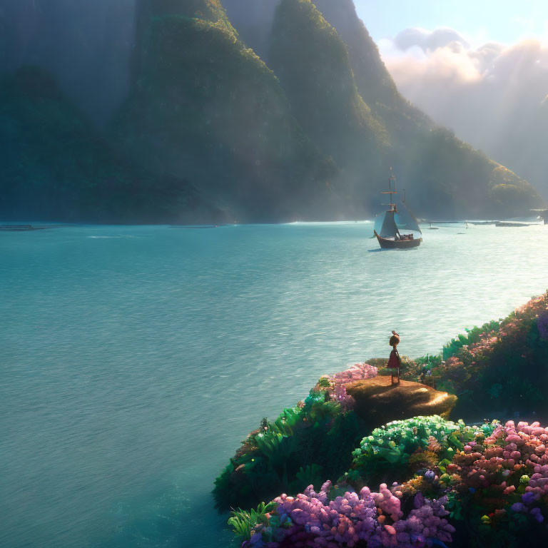 Character on floral cliff gazes at serene bay with tall ship and mountains in warm light