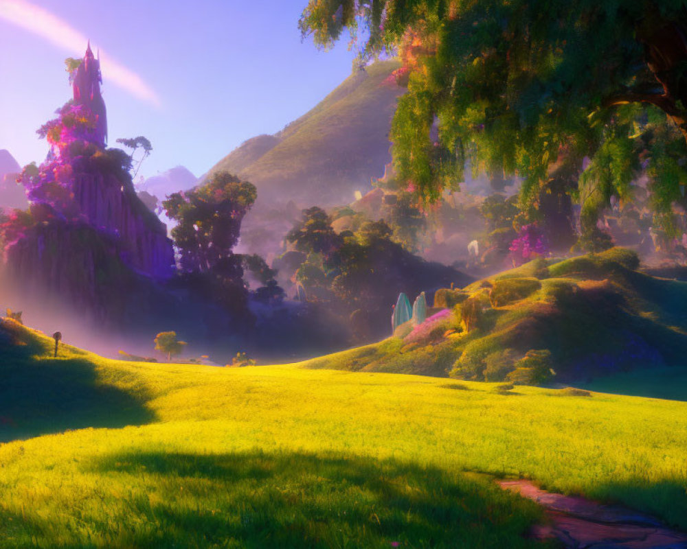 Fantasy landscape with glowing sunrise, castle, and misty hills