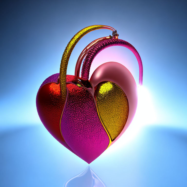 Colorful Heart-Shaped Metallic Object on Blue Gradient Background