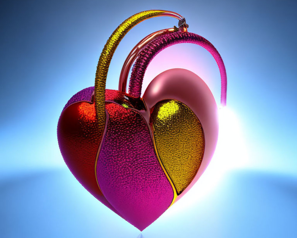 Colorful Heart-Shaped Metallic Object on Blue Gradient Background
