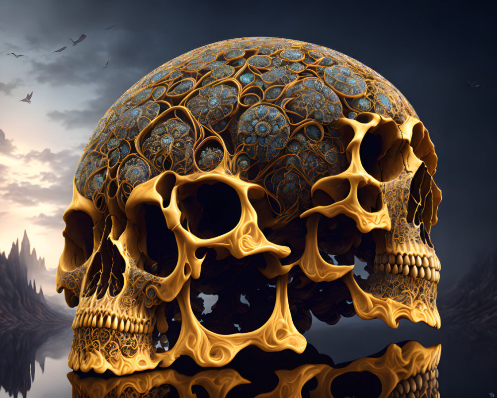Detailed digital artwork: Golden human skulls with filigree, reflected under moody sky