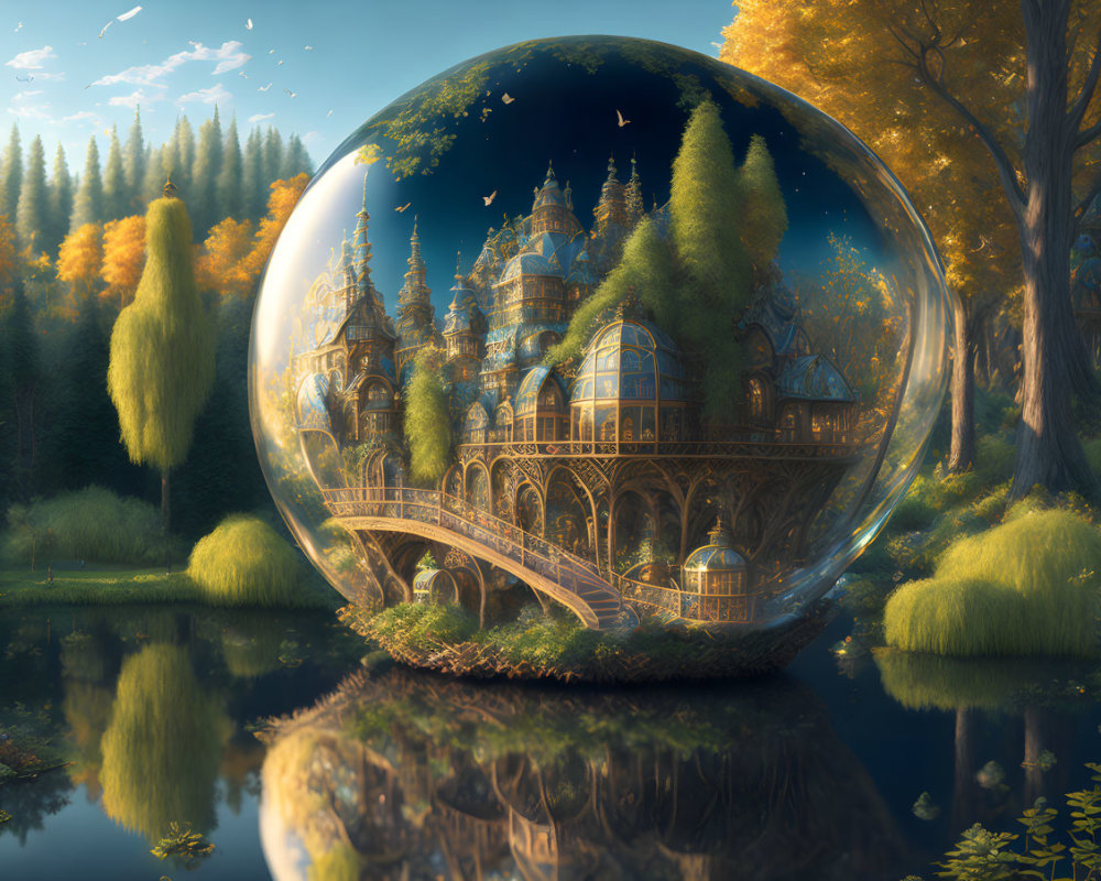 Ornate castle in transparent sphere amid autumn trees by serene pond