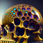 Detailed digital artwork: Golden human skulls with filigree, reflected under moody sky