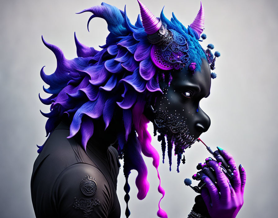 Fantastical creature with dark skin, blue and purple hair, horns, and intricate facial designs on