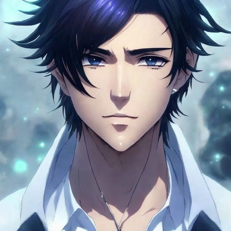 Man with Blue Eyes and Dark Hair in Fantastical Setting