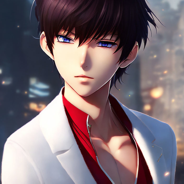 Animated male character with intense blue eyes and dark hair in a white jacket.
