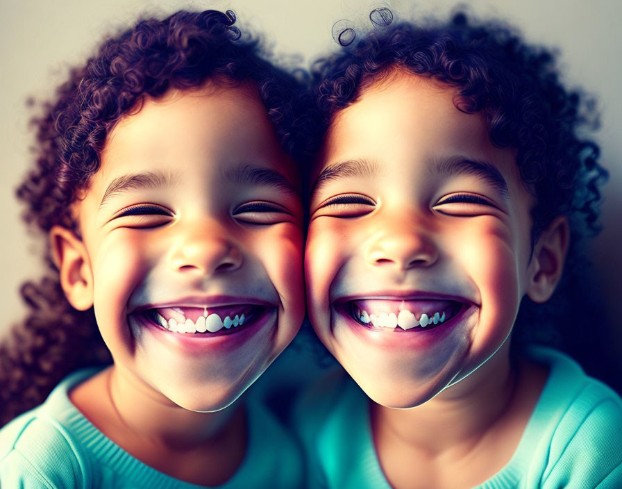 Curly-Haired Children in Blue Shirts Smiling
