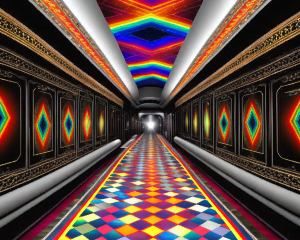 Colorful psychedelic corridor with checkered floor and neon-lit walls.