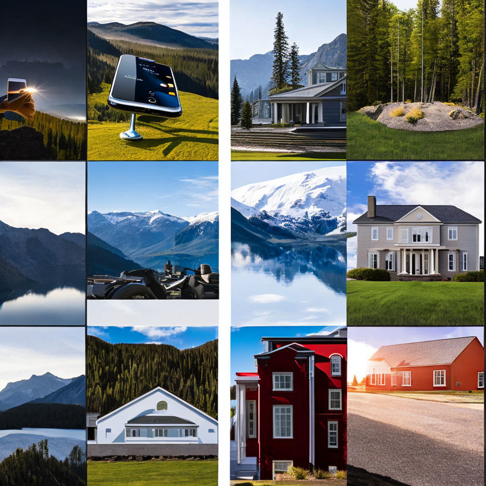 Collage of 12 images: landscapes, houses, smartphone, car dashboard, mountains.