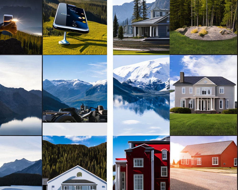 Collage of 12 images: landscapes, houses, smartphone, car dashboard, mountains.