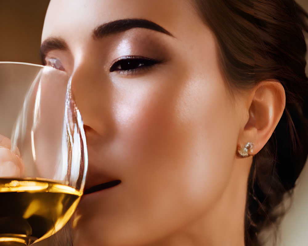 Close-up of woman with elegant makeup sipping wine showcases glowing skin, winged eyeliner, and