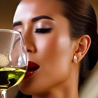 Close-up of woman with elegant makeup sipping wine showcases glowing skin, winged eyeliner, and