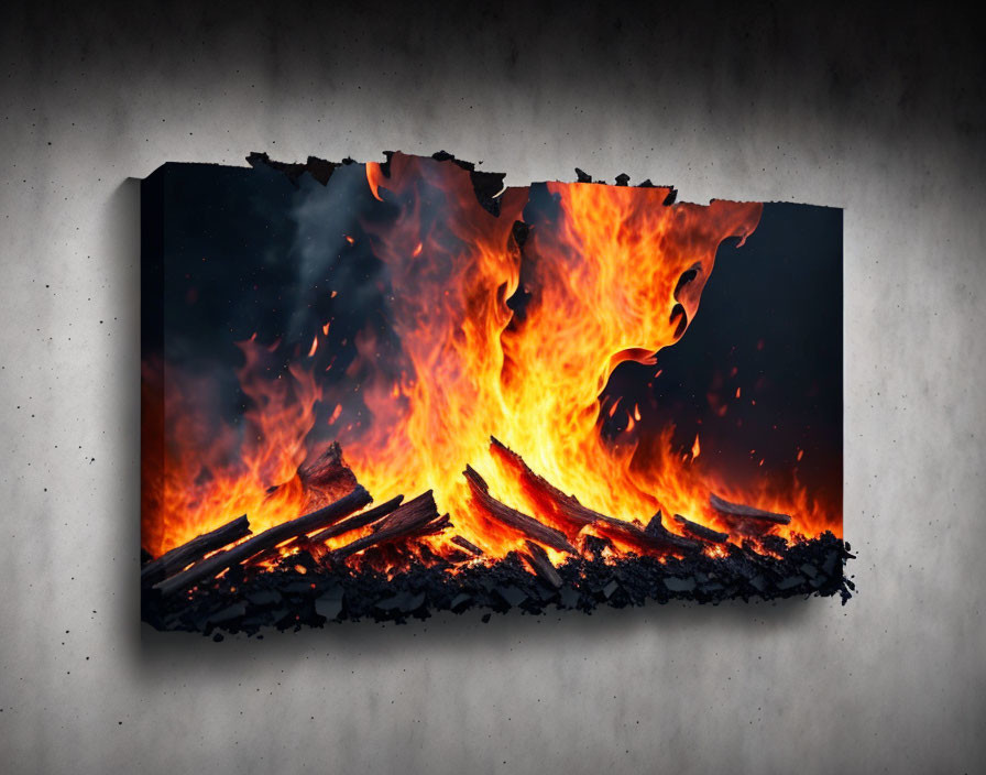 Canvas Print of Vivid Flames and Burning Logs on Textured Grey Wall
