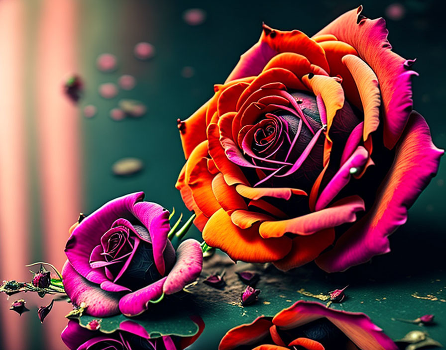Bi-Colored Roses: Orange and Purple Petals on Dreamy Background