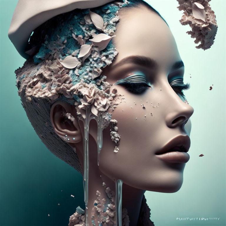 Woman with artistic makeup and nautical hat in textured sea-themed material