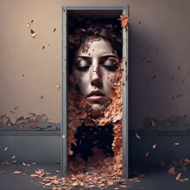 Surreal artwork of woman's face in shattering doorway