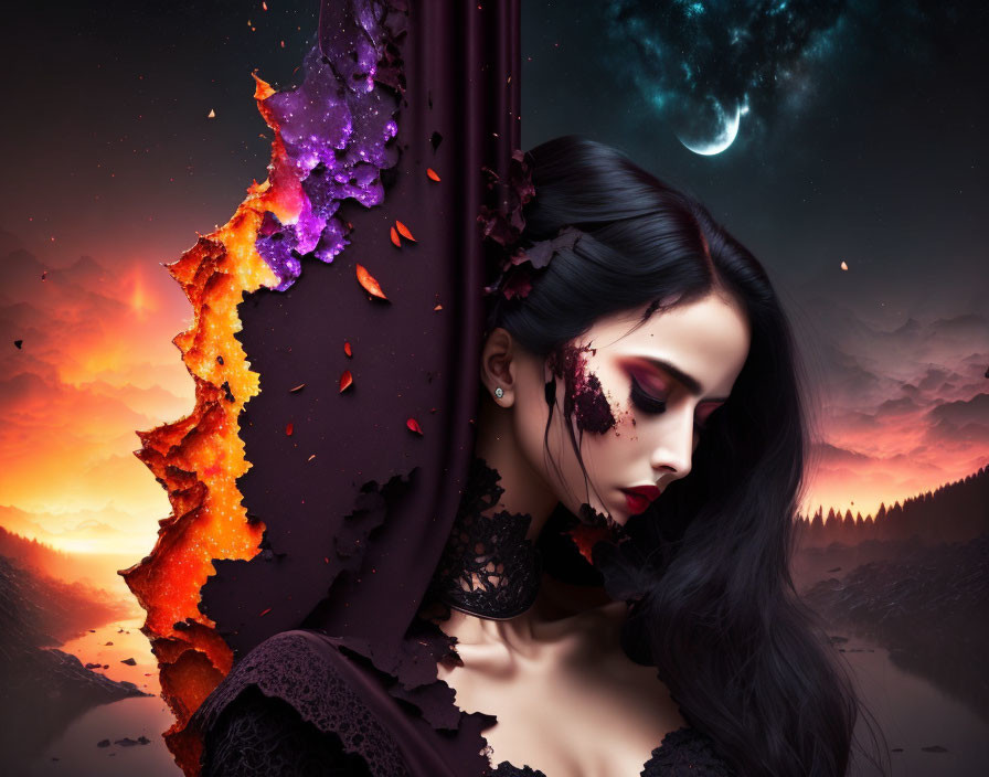 Surreal portrait of a woman with divided fiery and tranquil backdrop