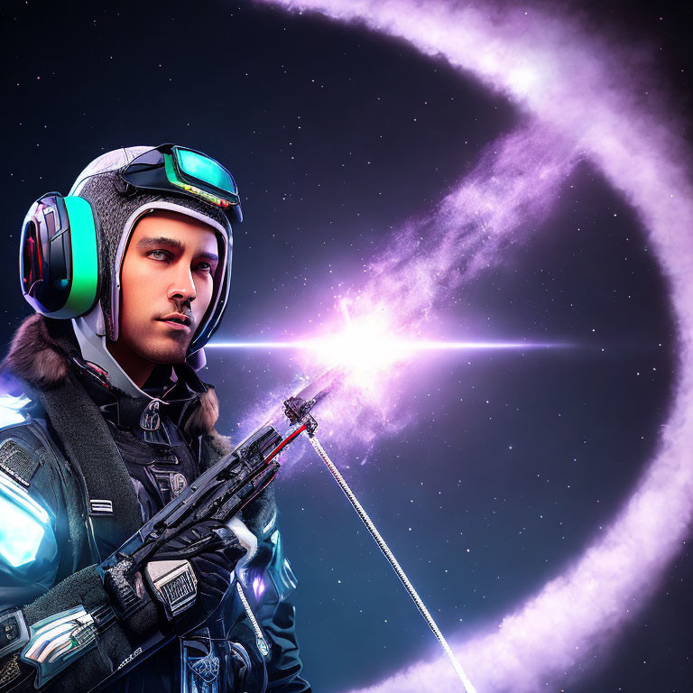 Futuristic space explorer in advanced suit with galaxy backdrop