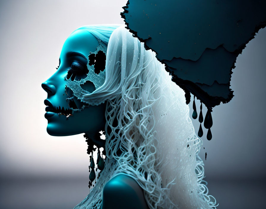 Surreal woman's profile art with disintegrating face on gradient backdrop