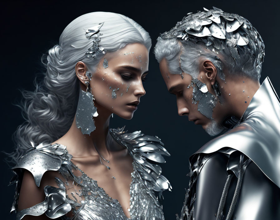 Models in Silver Body Paint and Metallic Fantasy Armor Gazing at Each Other
