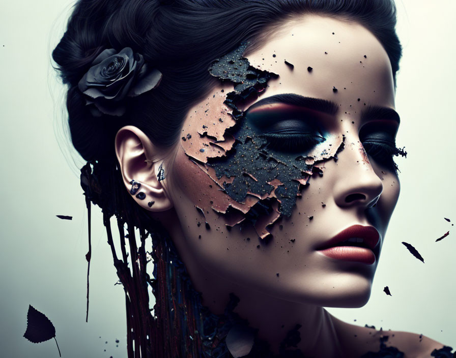Woman's portrait with shattered face, dark eyeshadow, and rose hair accent