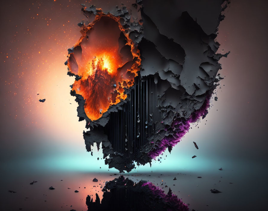 Fragmented spherical object with glowing lava core on dark backdrop with teal hints