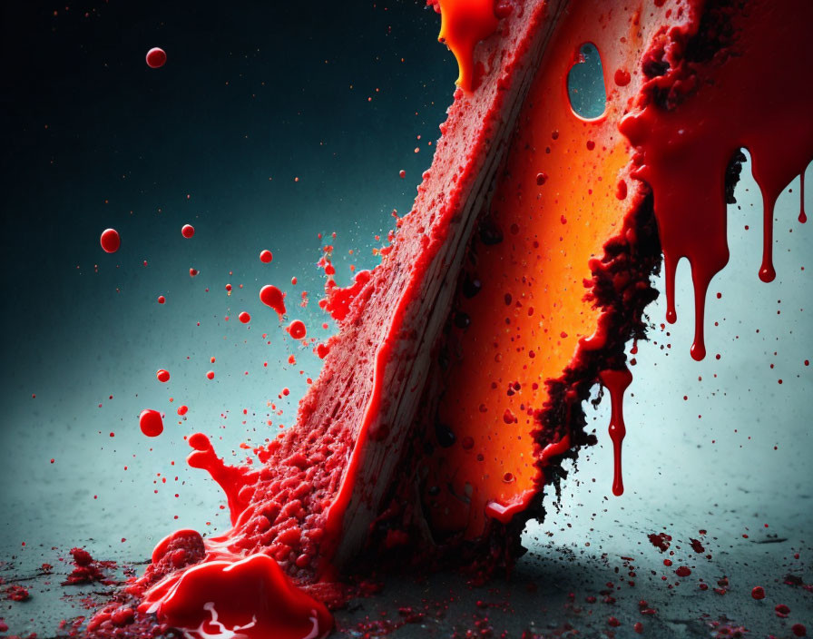 Vibrant red liquid splashing with suspended droplets on dark background