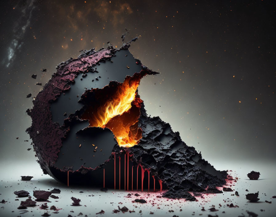 Digital artwork of disintegrating fiery sphere with molten lava and embers