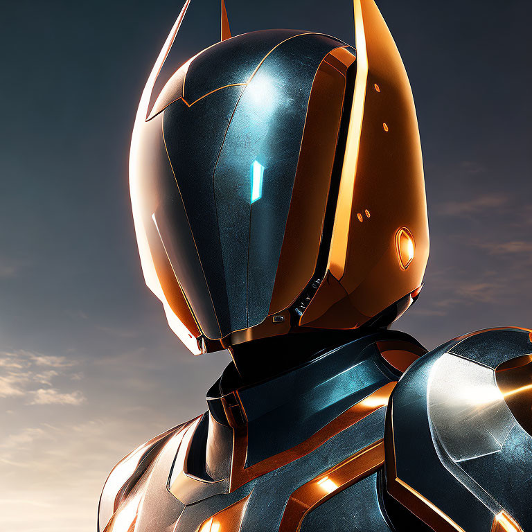 Futuristic black and gold robot close-up in soft golden light