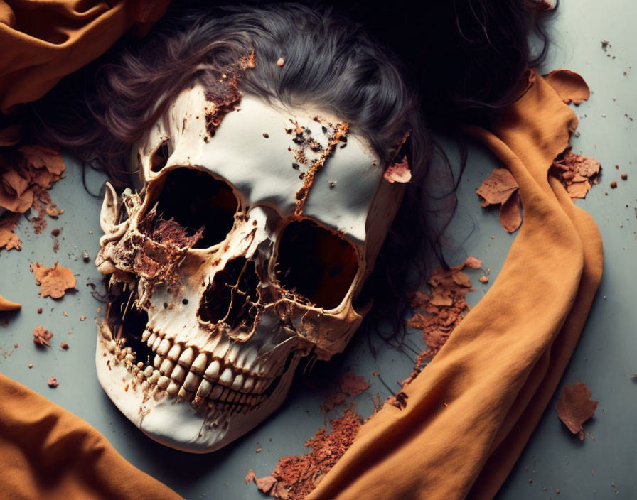 Human Skull with Decomposed Flesh and Golden Fabric: Macabre Aesthetic