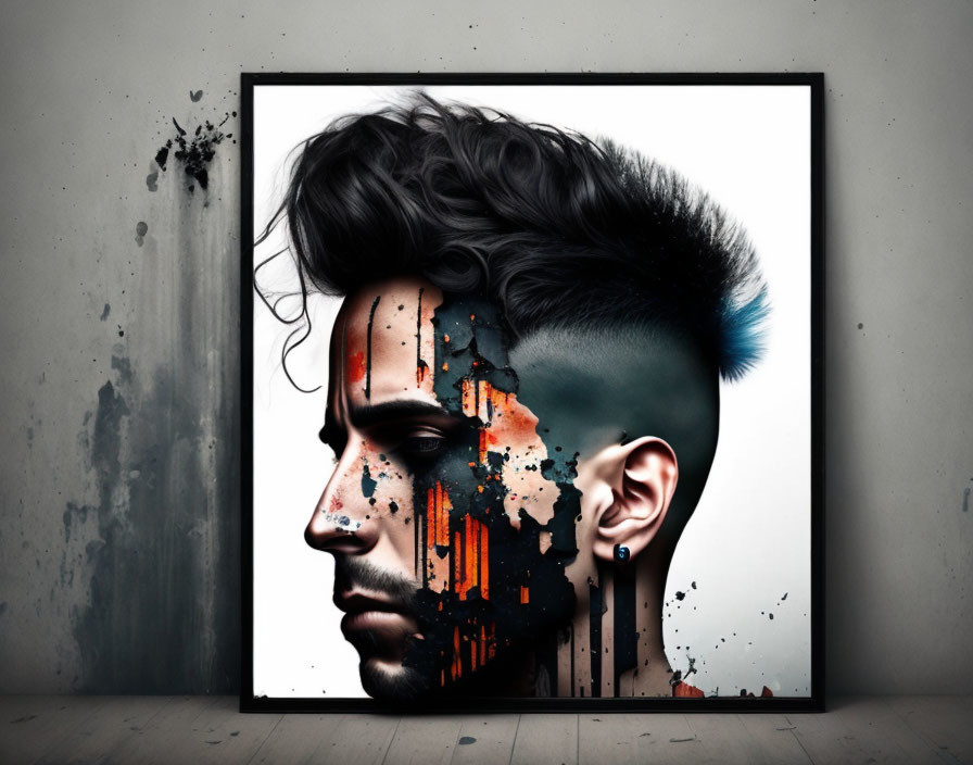 Framed portrait of man with digital paint effect on gallery wall