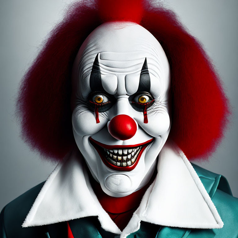 Clown makeup with red nose and wide grin on grey background
