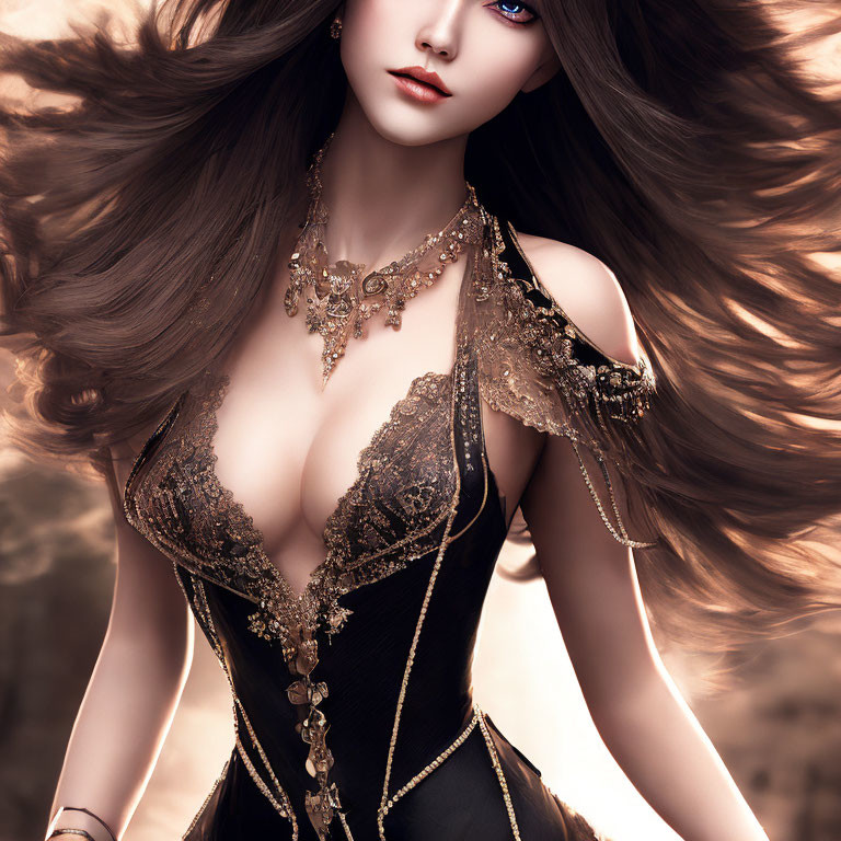 Digital art portrait of woman with long flowing hair, blue eyes, gold jewelry, black lace outfit