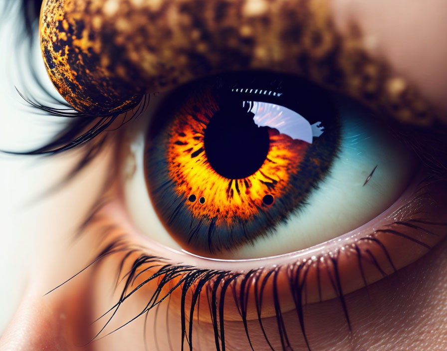 Detailed Close-Up of Human Eye with Orange and Black Iris and Reflection of Snake