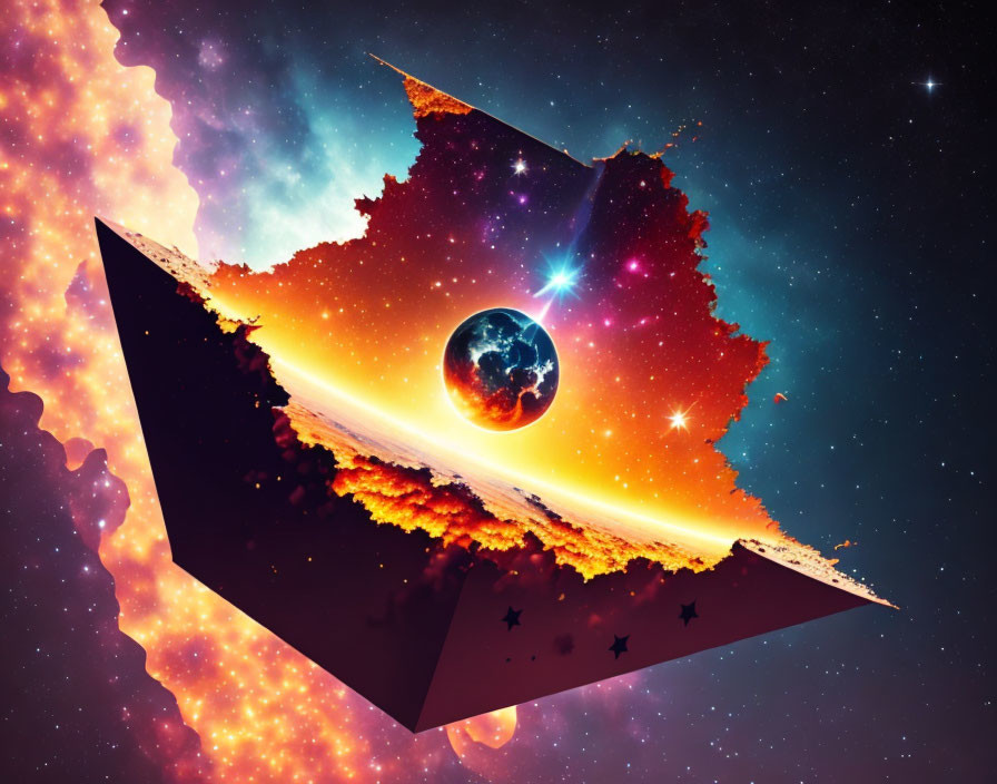 Cosmic scene: Planet, fiery origami boat, starry nebula