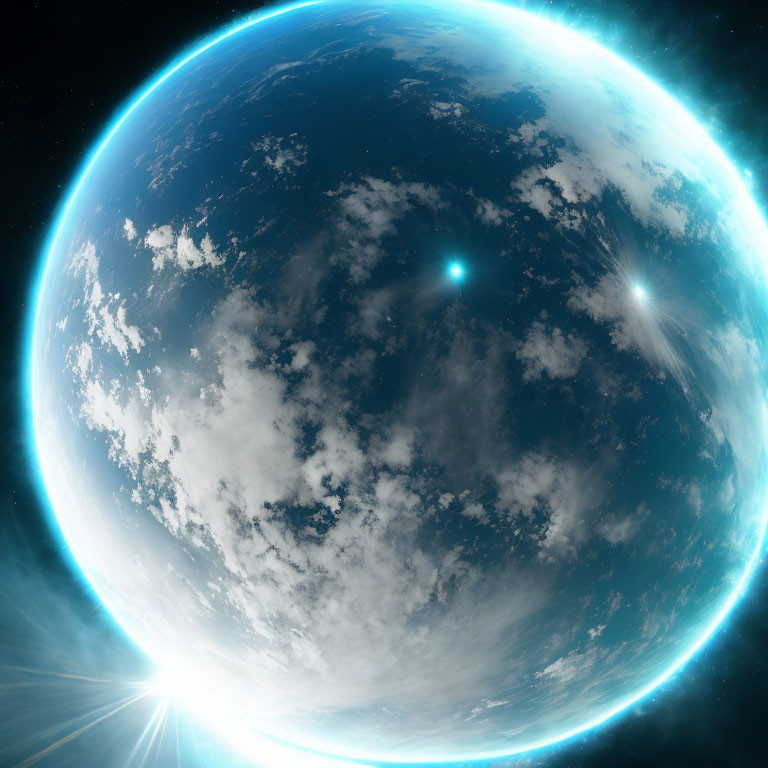 Stunning Earth-like planet with vibrant blue atmosphere and sunburst horizon
