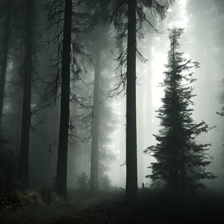 Sunlit Misty Forest with Tall Trees
