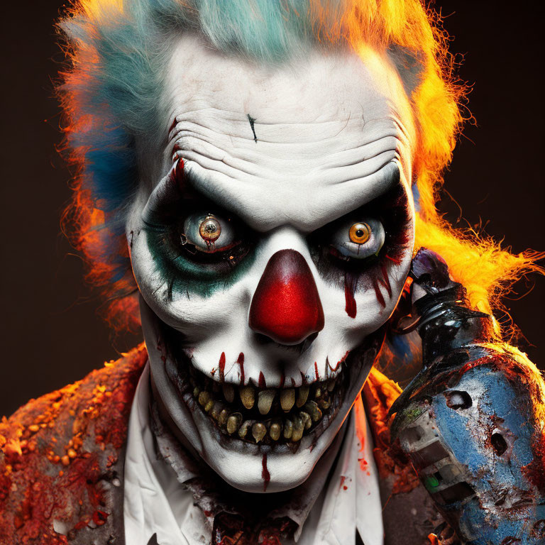 Detailed Close-Up of Person in Clown Makeup with Intense Eyes and Colorful Hair