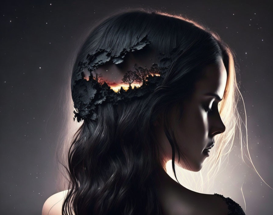 Silhouette of woman merging with fantasy nightscape and nature elements