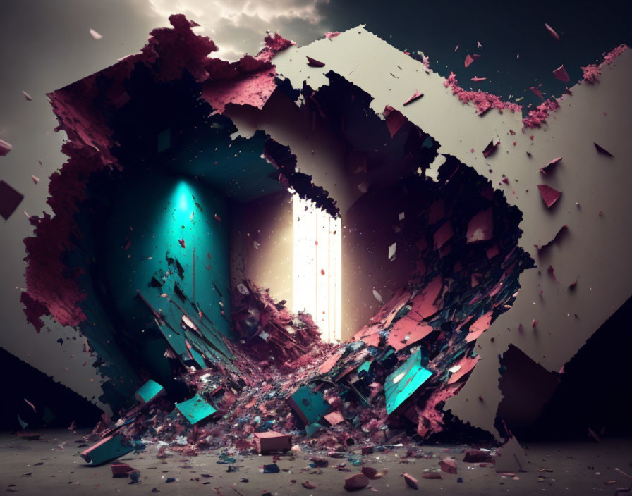 Shattered wall with glowing portal in 3D rendering