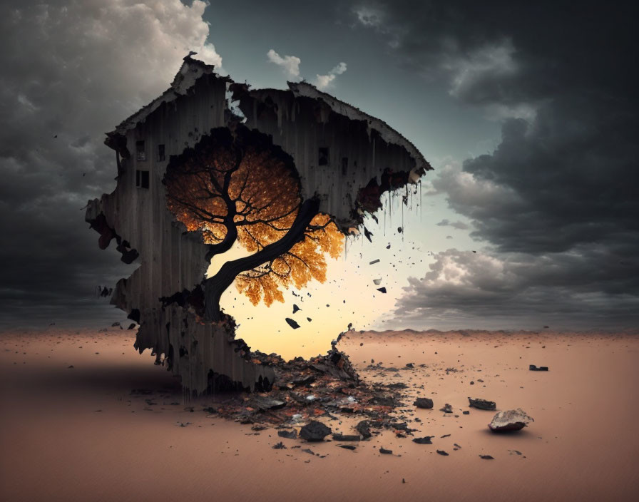 Surreal landscape with floating shattered structure and tree against dramatic sky