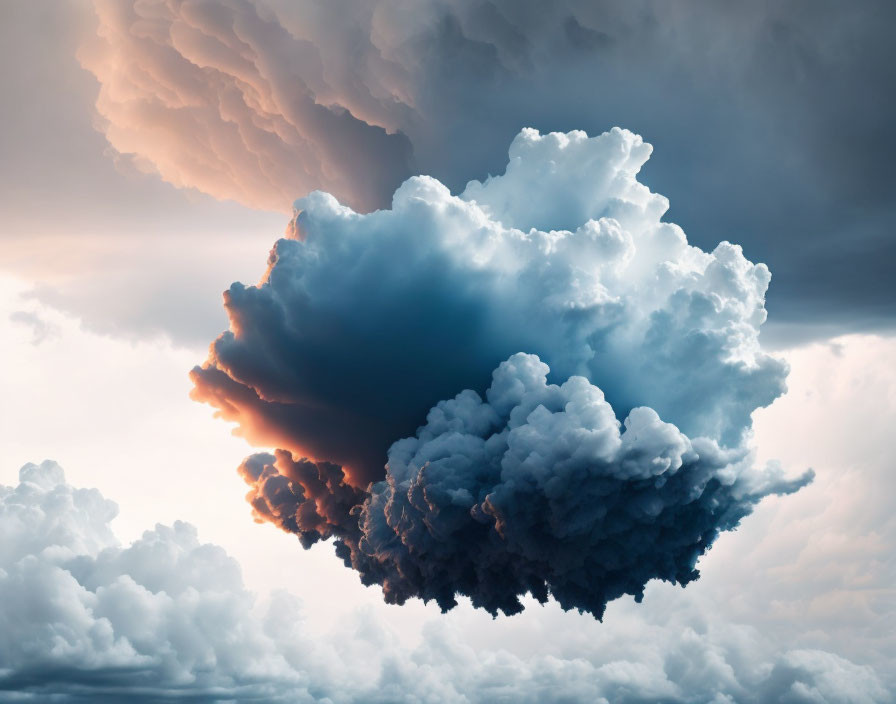 Dramatic solitary cloud with fiery underside in turbulent sky