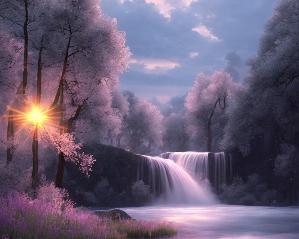Tranquil waterfall scene with pink blossoms and purple sky