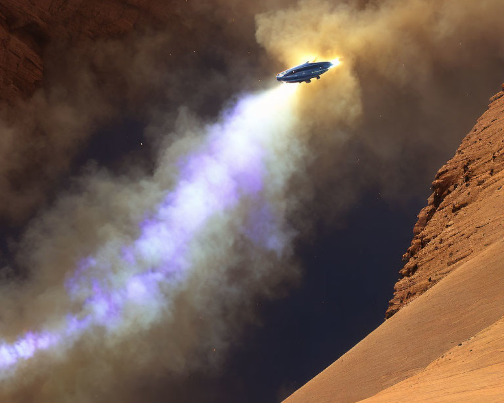 Spaceship ascending from rocky planet with blue and purple exhaust against cliffs and dark sky
