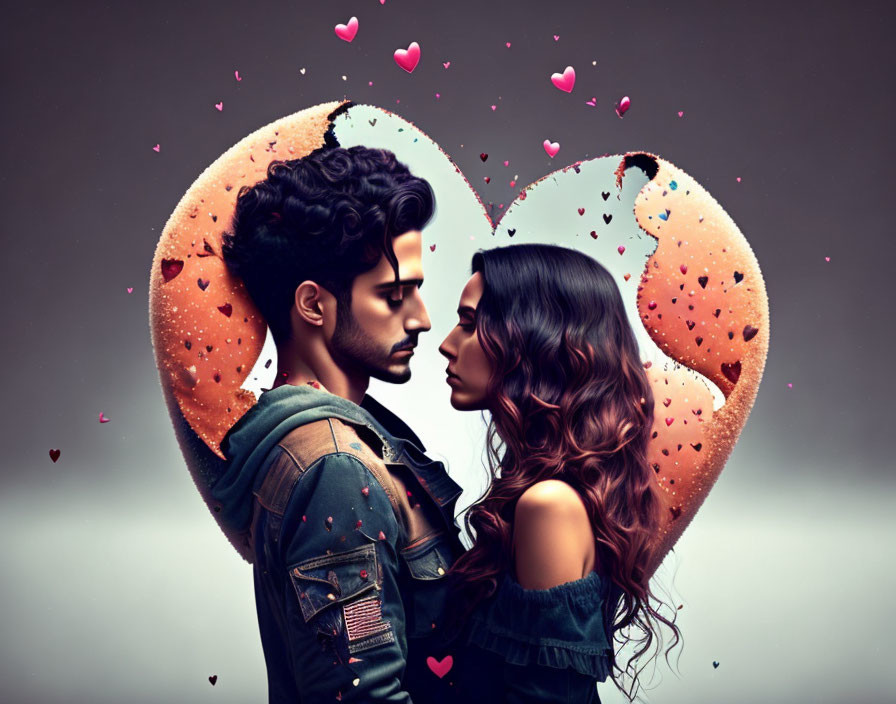 Romantic couple digital artwork with heart-shaped background